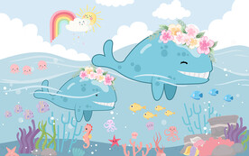 蓝色卡通鲸鱼儿童房背景墙