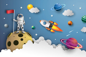 卡通宇航员立体火箭星球太空背景