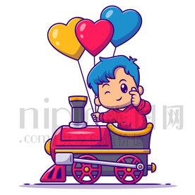 卡通坐火车的小男孩