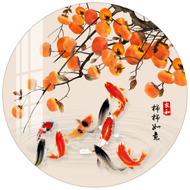 事事如意柿子九鱼圆形装饰画