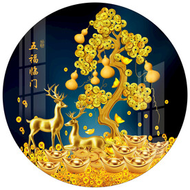 五福临门金色发财树圆形装饰画