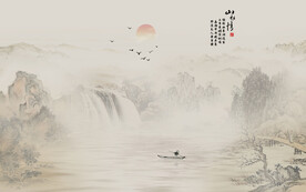 新中式水墨国画山水背景墙壁画