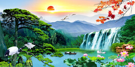 迎客松流水生财瀑布山水画