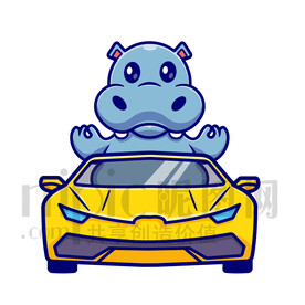 可爱卡通坐小汽车的河马先生