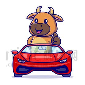 可爱卡通坐小汽车的小黄牛