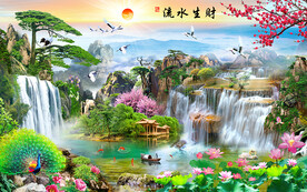 流水生财左右逢源风景山水背景墙