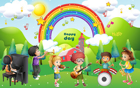 卡通小朋友演奏会儿童房背景墙