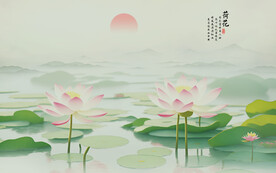 中式手绘荷花背景墙