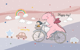 可爱卡通恐龙女孩儿童房背景墙