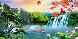 迎客松瀑布山水画