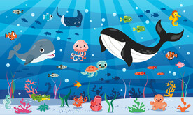 卡通海豚鲸鱼海洋动物海底背景墙
