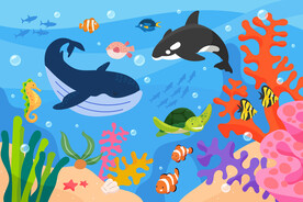 可爱鲸鱼卡通海底热带鱼珊瑚背景