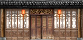 仿古中式古建筑酒楼背景墙壁画