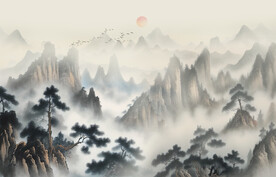 新中式山水画迎客松背景墙