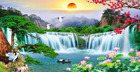 旭日东升瀑布山水画