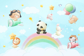卡通彩虹气球可爱动物飞行员背景