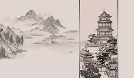新中式楼阁山水背景轻奢壁画	 