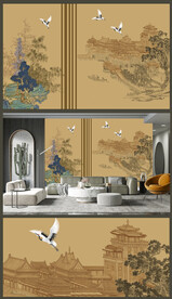 原创新中式轻奢水墨意境山水背景