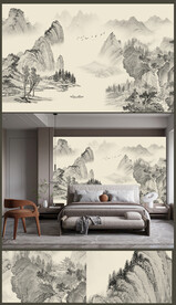 国画山水中式电视背景墙