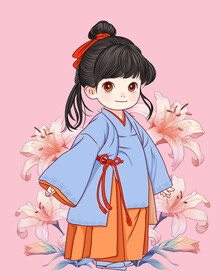 卡通手绘百合花与可爱小女孩