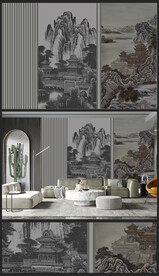 新中式轻奢楼阁山水背景壁画