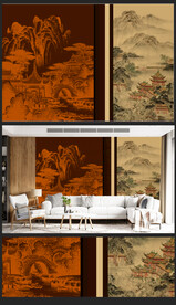 新中式轻奢楼阁山水背景壁画