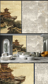 原创电视背景墙国画山水壁画硬包