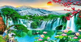 山水画瀑布迎客松