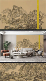 原创新中式轻奢楼阁山水背景轻奢