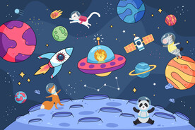 卡通太空火箭可爱动物星球背景墙
