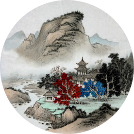 新中式山水画水墨画圆形画