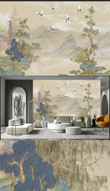 高清国画山水中式电视背景墙图片