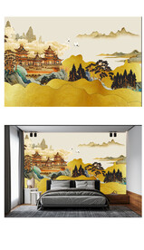 国画山水中式电视背景墙图片