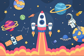 手绘火箭卡通宇航员太空星球背景