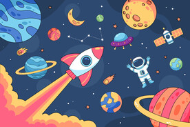 手绘火箭卡通宇航员太空星球背景