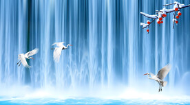 禅意瀑布仙鹤背景墙