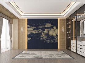 新中式卧室背景墙空场景