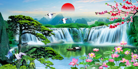 流水生财瀑布山水画