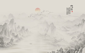 新中式山水画电视背景墙壁画