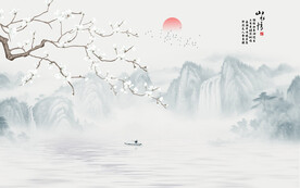 新中式山水情工笔花鸟画背景墙