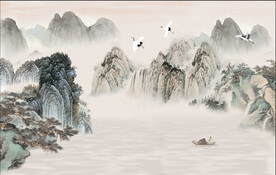 原创新中式轻奢楼阁山水背景轻奢