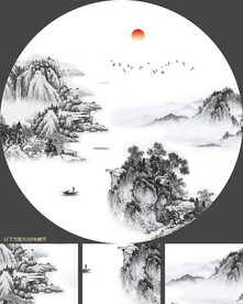 新中式山水抽象山水画客厅圆框画