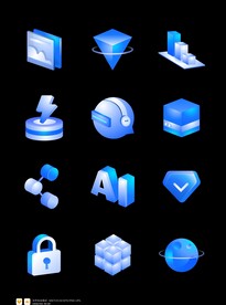 蓝色科技感3D立体AI图标