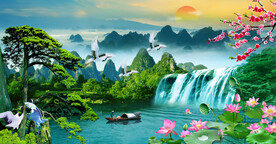 流水生财瀑布山水画