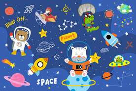可爱动物卡通宇宙星球太空背景墙