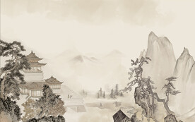 新中式轻奢楼阁山水背景轻奢壁画