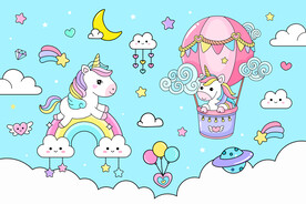 蓝色卡通彩虹云朵可爱独角兽背景