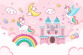 粉色城堡卡通彩虹独角兽星空背景