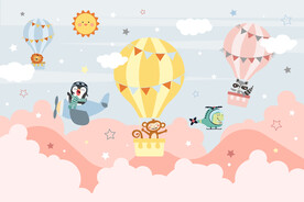 卡通云朵热气球小动物儿童背景墙