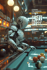 帅气机器人台球广告展板壁画挂画